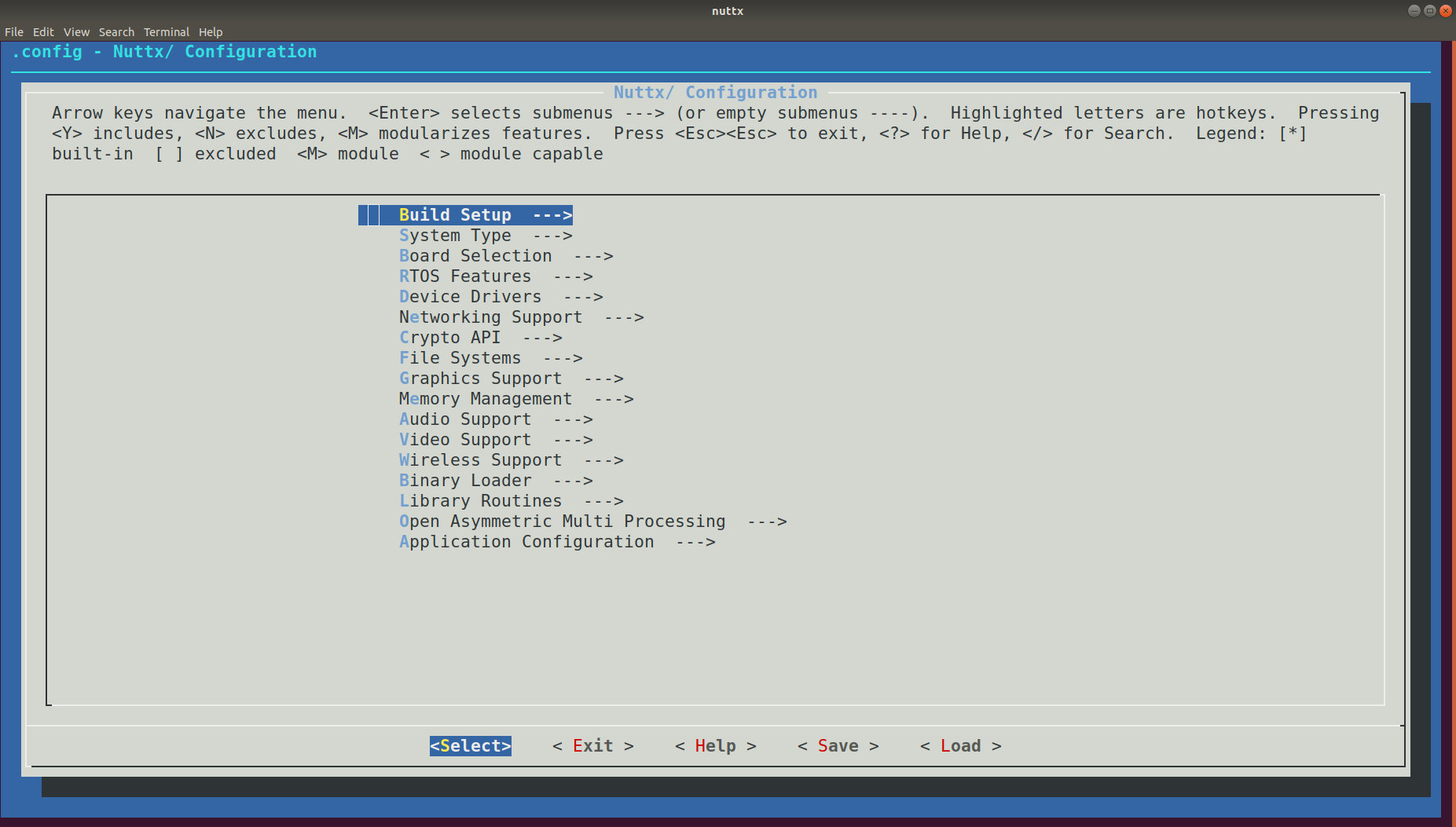 Screenshot of menuconfig system main screen