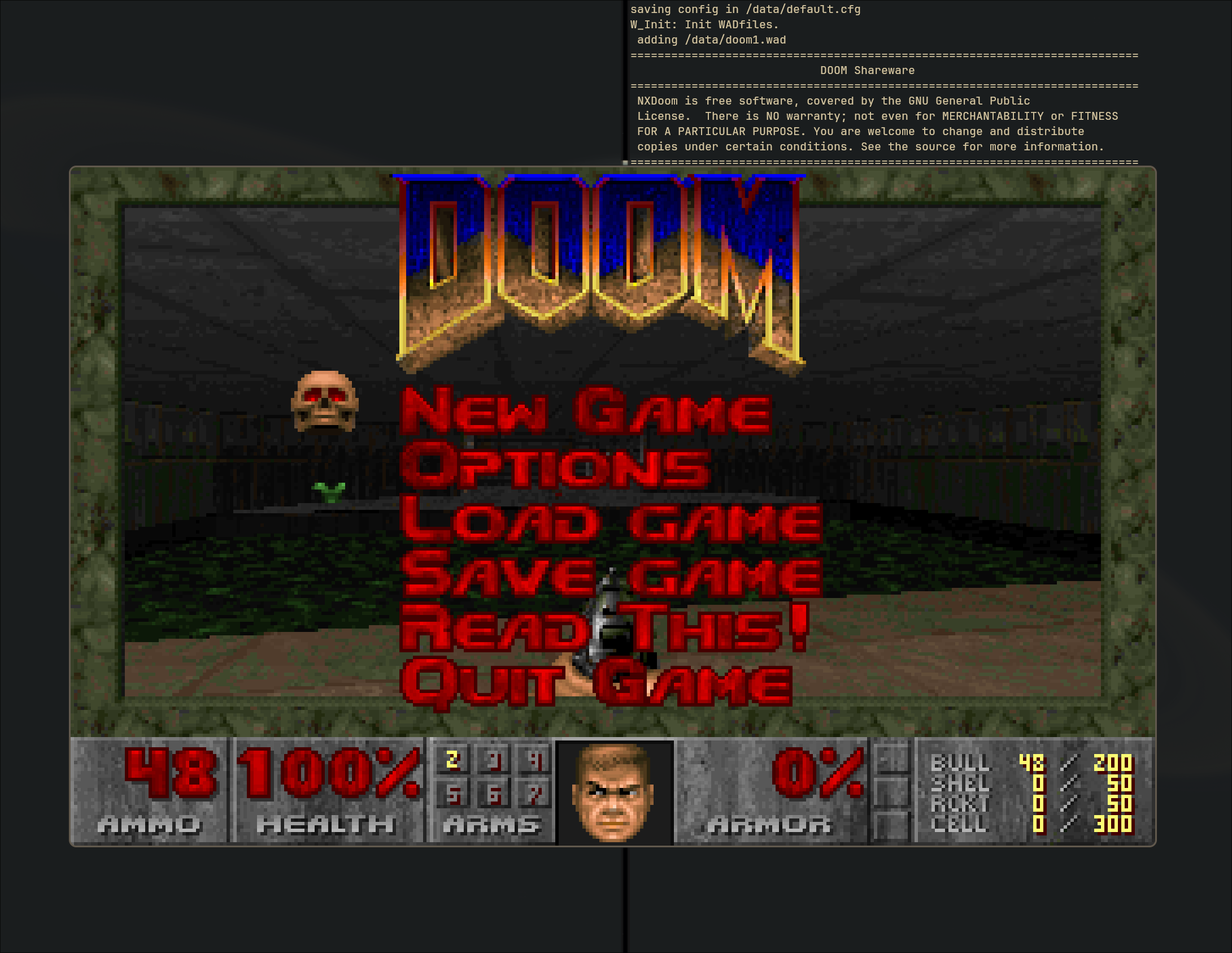 The shareware version of DOOM being played on the NuttX simulator