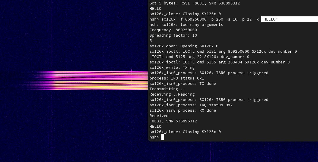 Running sx126x -f 869250000 -b 250 -s 10 -p 22 -x "HELLO"