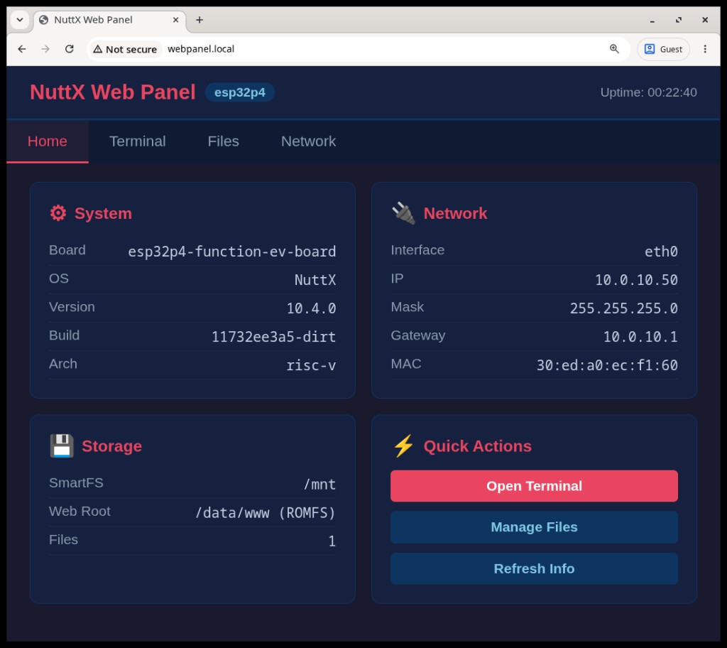 NuttX Web Panel home page on ESP32-P4